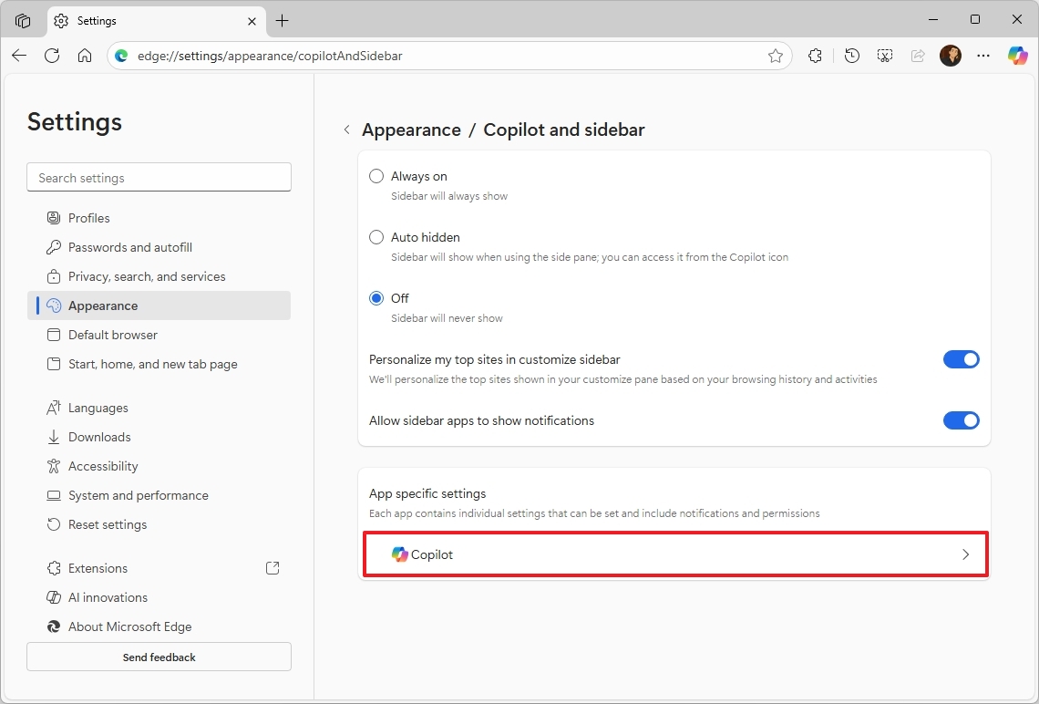 Edge Copilot and sidebar settings