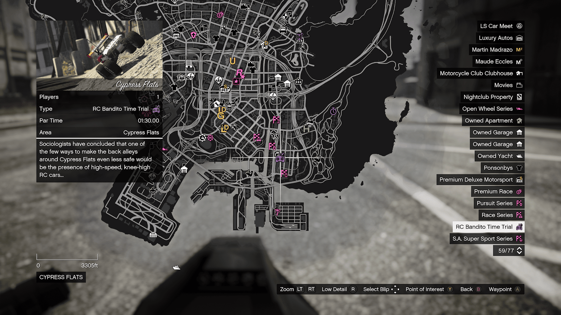 GTA V map of the RC Time Trial location which is Cypress Flats.