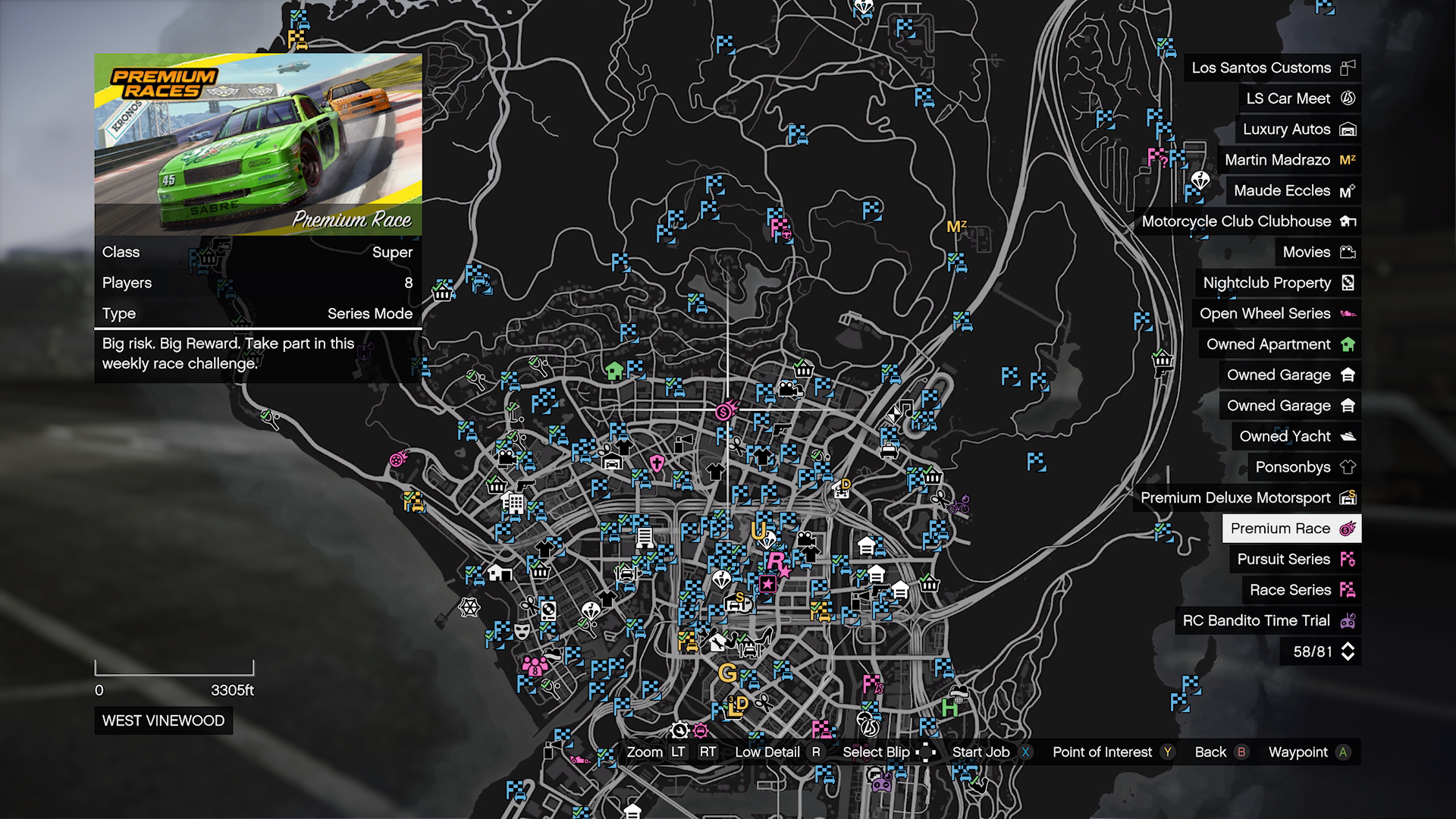 GTA V map showing the location of the Premium Race.