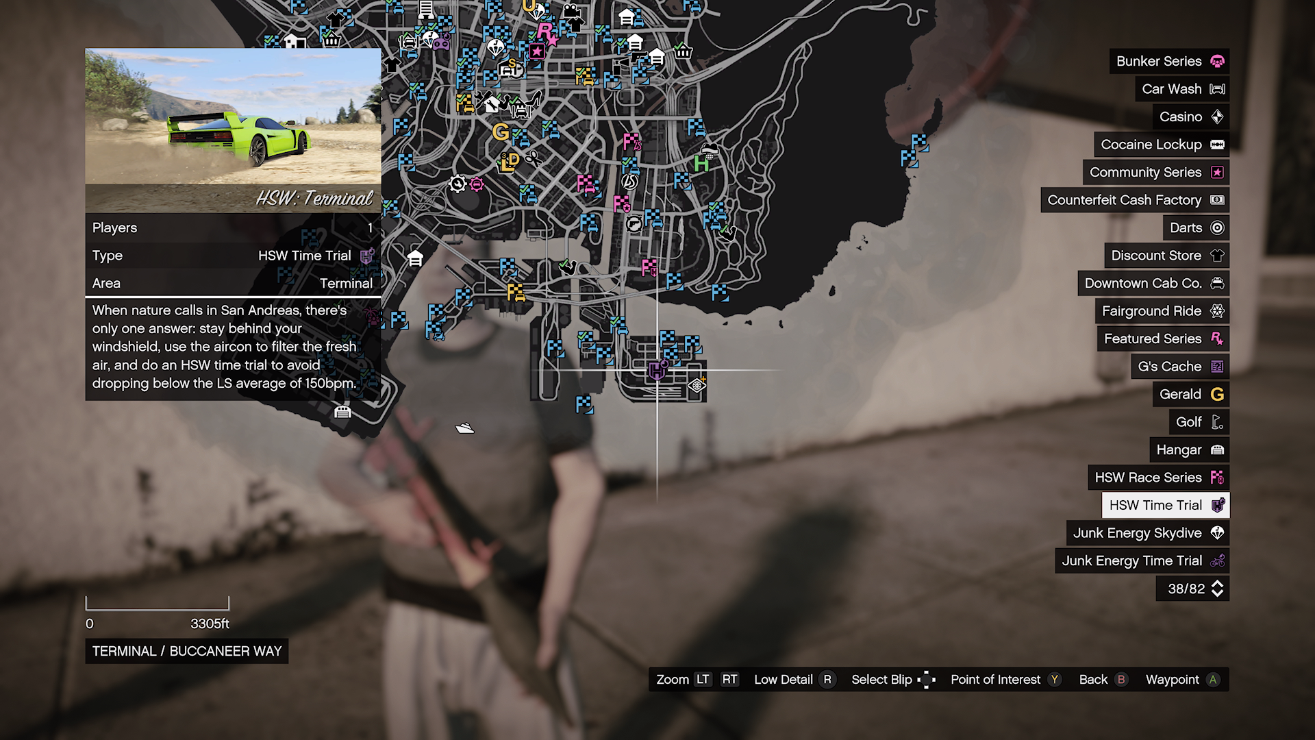 GTA V map showing the location of the HSW Time Trial which is Terminal.