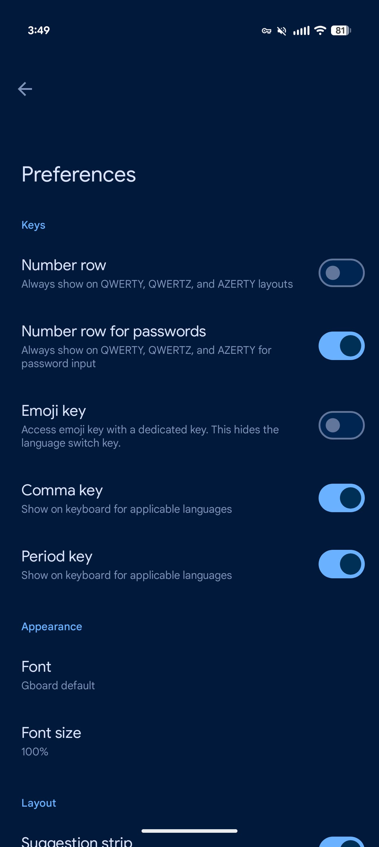 Gboard period comma keys