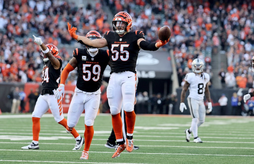 CINCINNATI, OHIO - NOVEMBER 03: Logan Wilson #55 of the Cincinnati Bengals celebrates against the Las Vegas Raiders at Paycor Stadium on November 03, 2024 in Cincinnati, Ohio. (Photo by Andy Lyons/Getty Images)