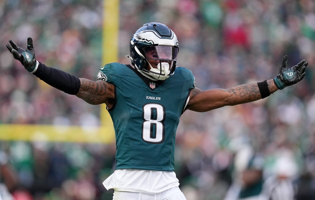 C.J. Gardner-Johnson #8 of the Philadelphia Eagles reacts while playing the Washington Commanders during the first quarter in the NFC Championship Game at Lincoln Financial Field on January 26, 2025 in Philadelphia, Pennsylvania.