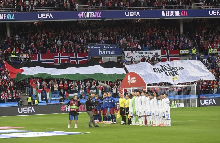 A view of the stands at Ullevaal Stadium as Palestinian flags and pro-Palestinian banners are being displayed as Norway and Israel face off in a 2026 FIFA World Cup European Qualifier Group I match, on October 11, 2025 in Oslo, Norway.