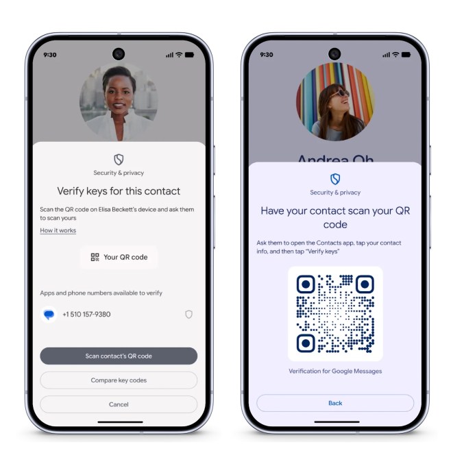 A pair of screenshot showing key verifiers on Google Messages to verify your contacts.