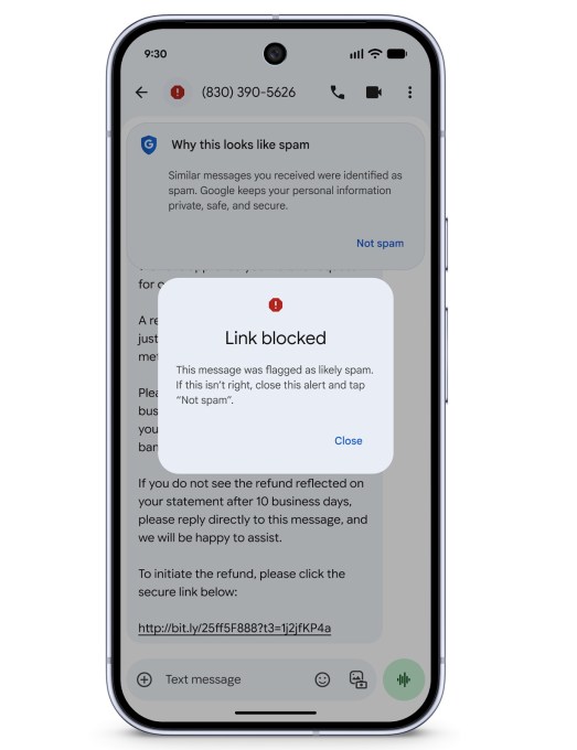 A screenshot showing a warning for a text on Google Messages containing potentially spammy linked.