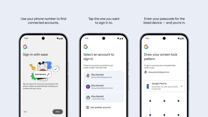 A series of screenshots describing how to use your mobile number to recover Google accounts with your previous phone's passcode