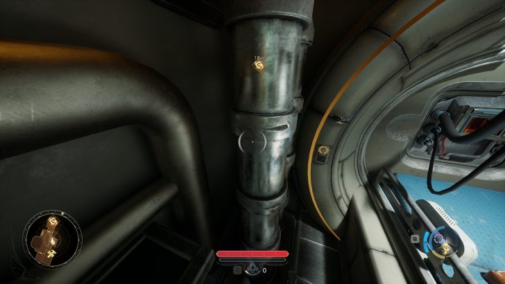 Futuristic game interface showing 18m and circular icons near metallic pipes.