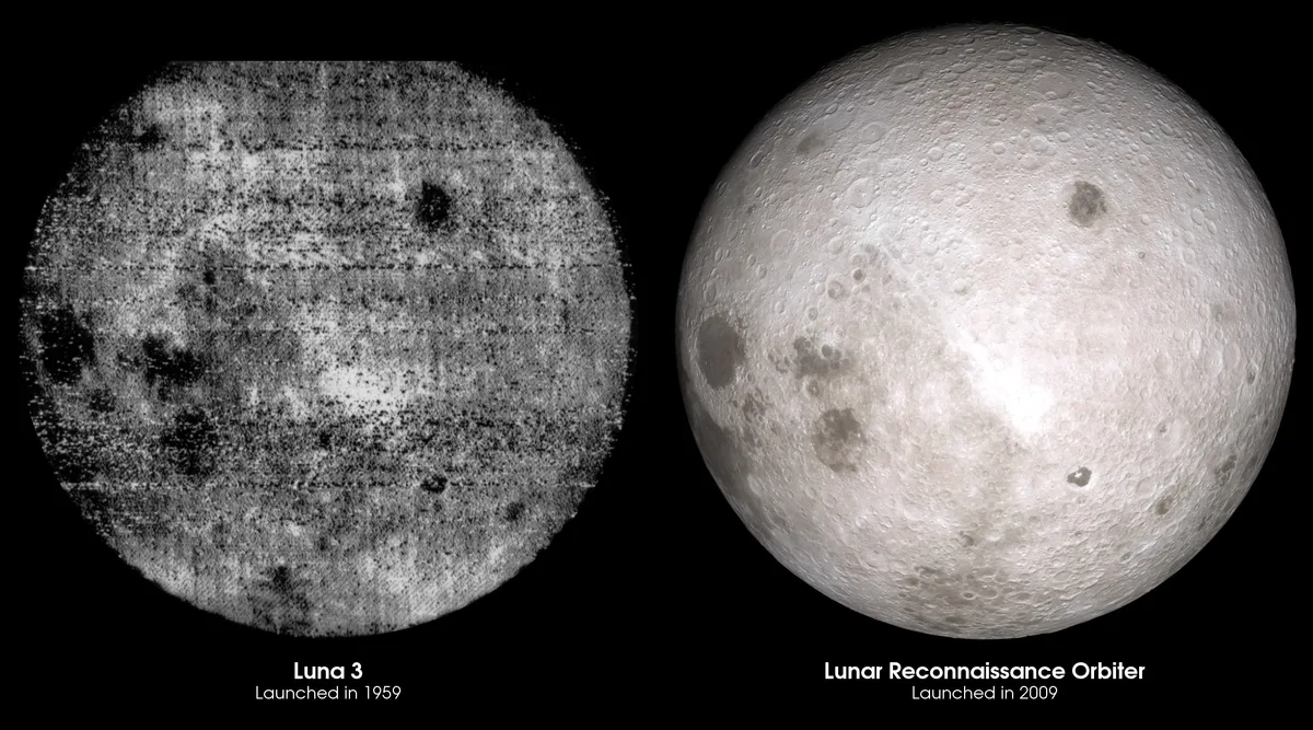 An image of the far side of the Moon captured by the Soviet Luna 3 spacecraft in 1959.