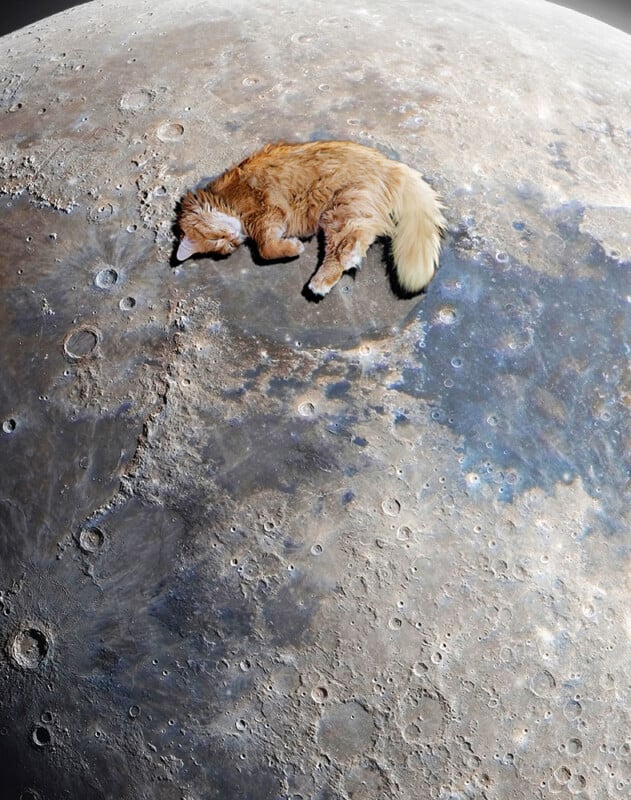 A fluffy orange cat is sleeping on the surface of the moon, appearing much larger than the craters and landscape around it.