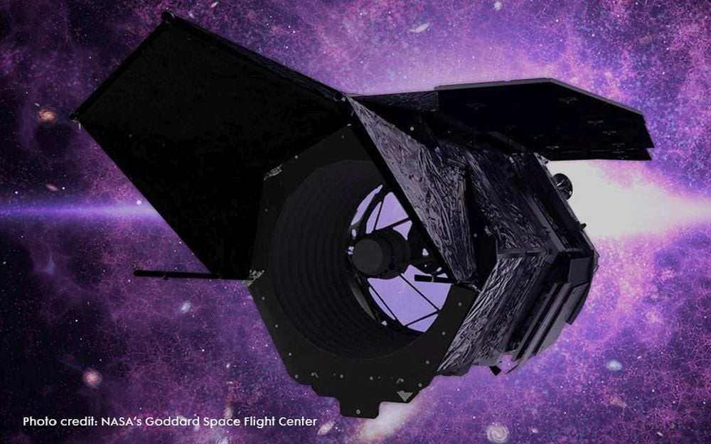 An illustration of the Nancy Grace Roman Space Telescope. The Roman will have a field of view 100 times larger than the Hubble's. One of its science goals is to use its coronagraph and directly image exoplanets around our nearest neighbouring stars. Image Credit: NASA GSFC