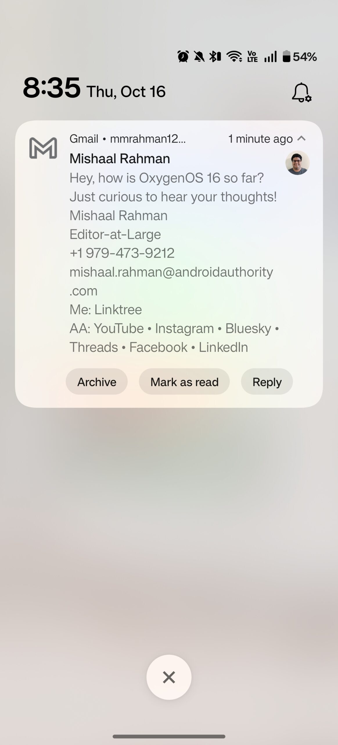 Notifications panel in OxygenOS 16