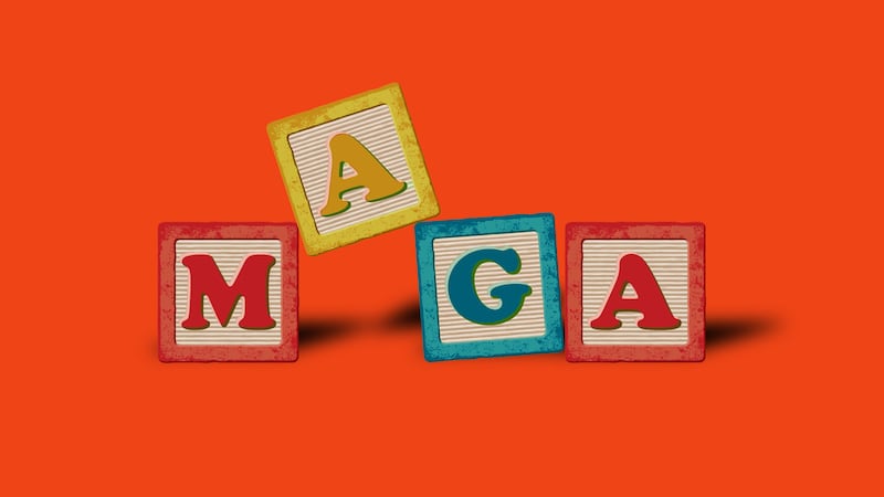 School children wood blocks spelling out MAGA on a red background