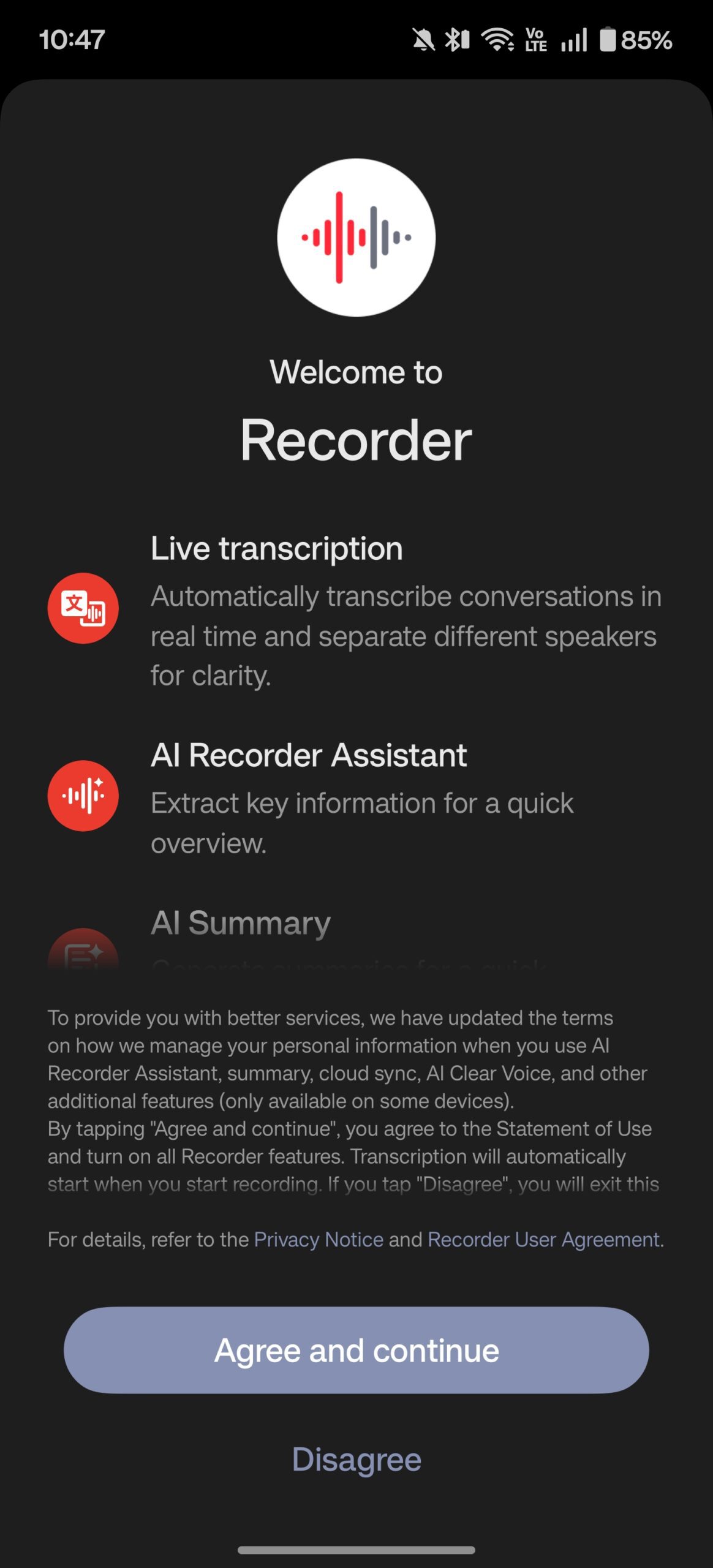 OnePlus AI Recorder welcome screen in OxygenOS 16