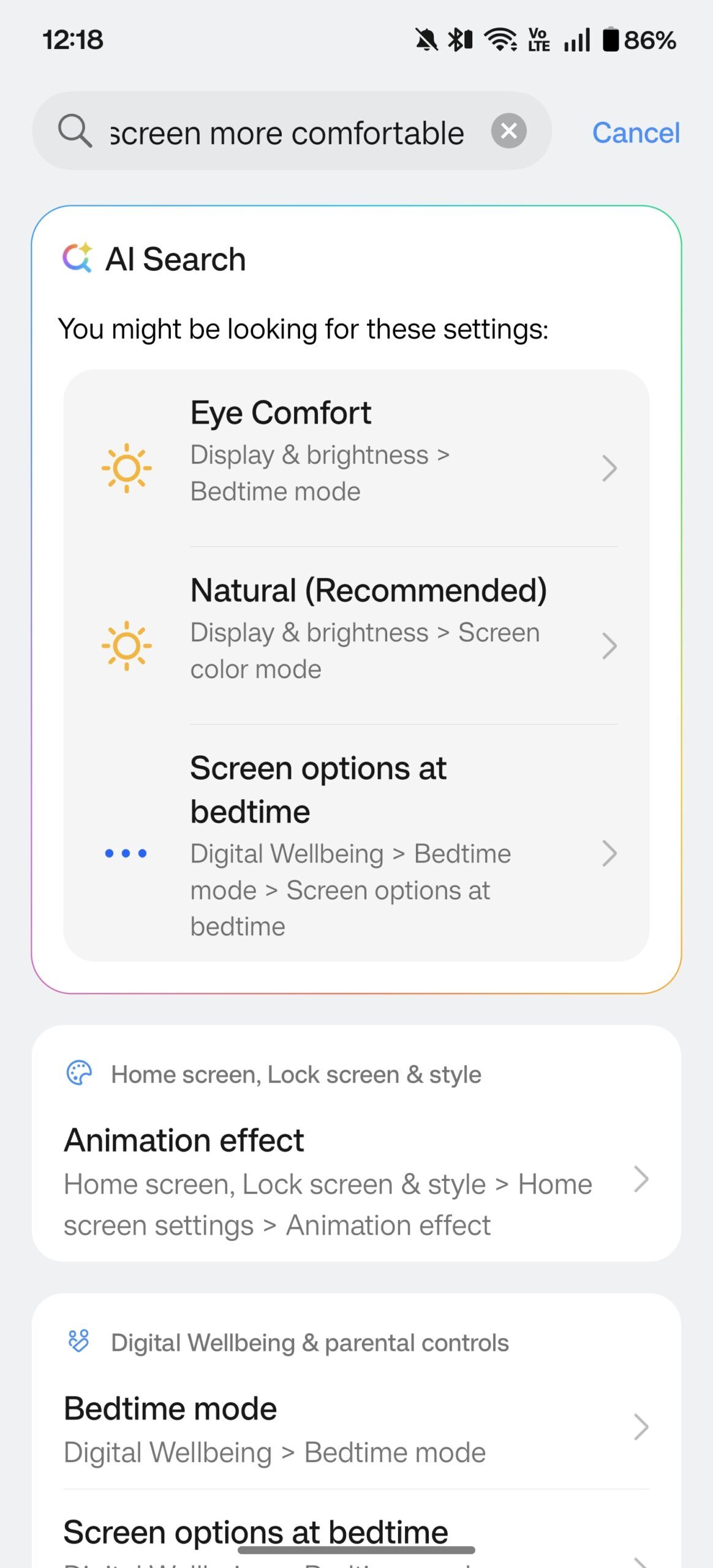 OnePlus AI Search in settings in OxygenOS 16