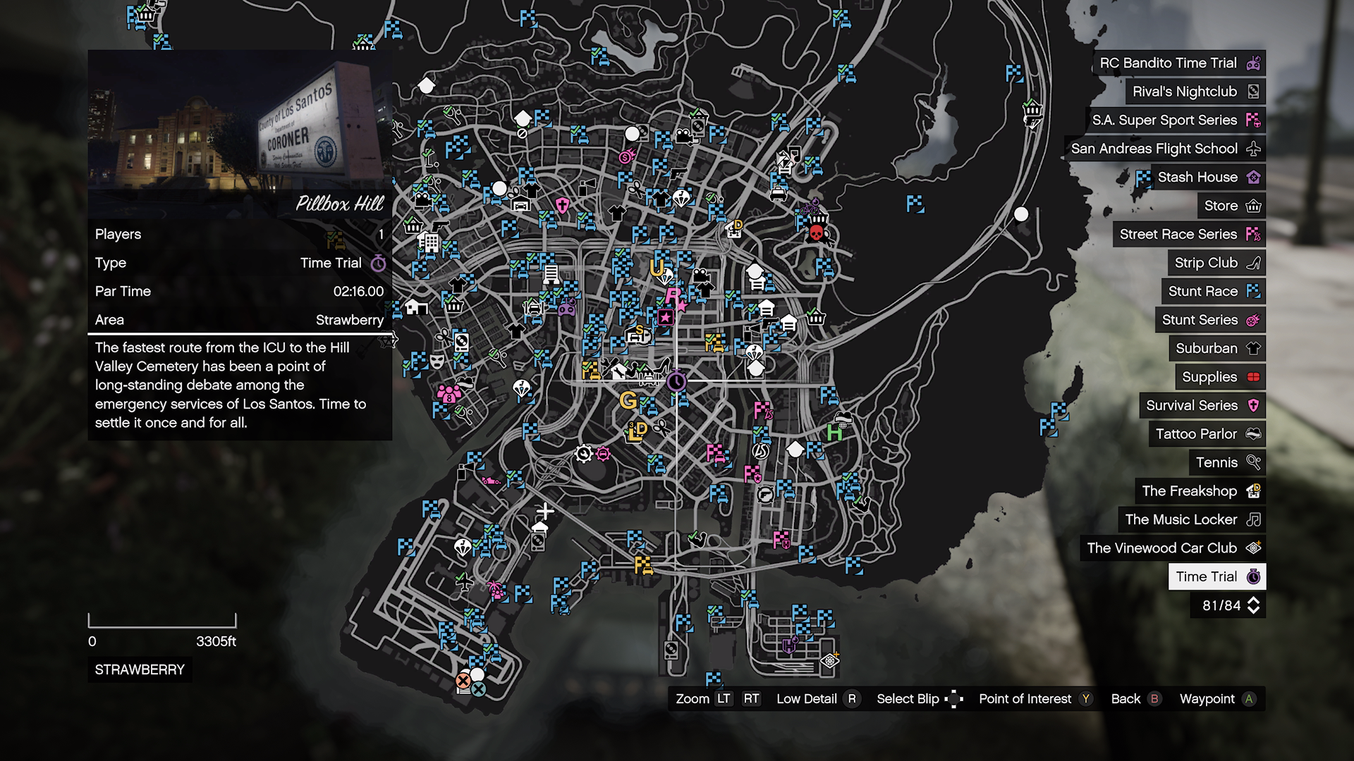 GTA V map showing the location of the Time Trial which is Pillbox Hill.