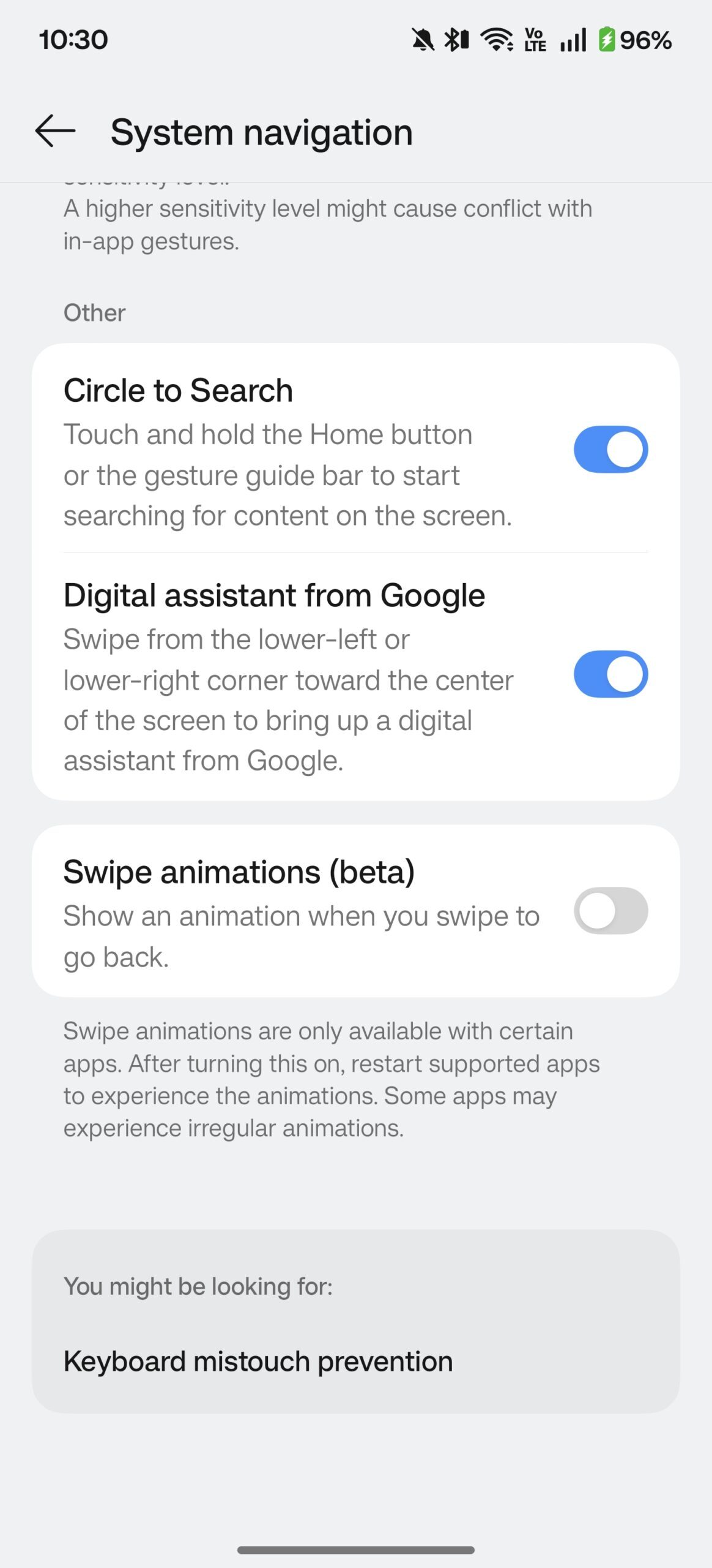 Predictive back settings in OxygenOS 16