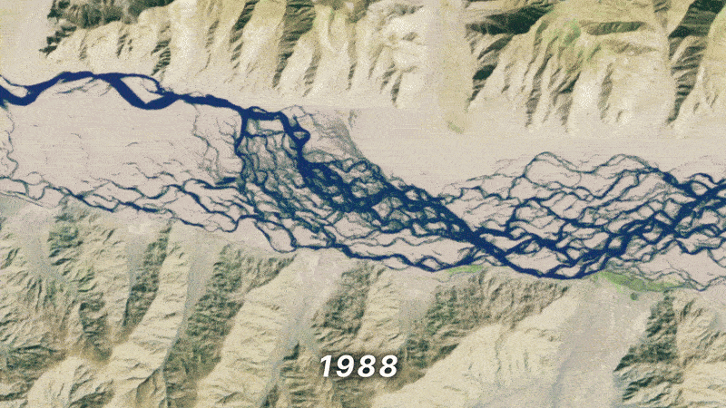 Looped video footage showing how the channels of the Yarlung Zangbo have changed year-on-year since the 1990s
