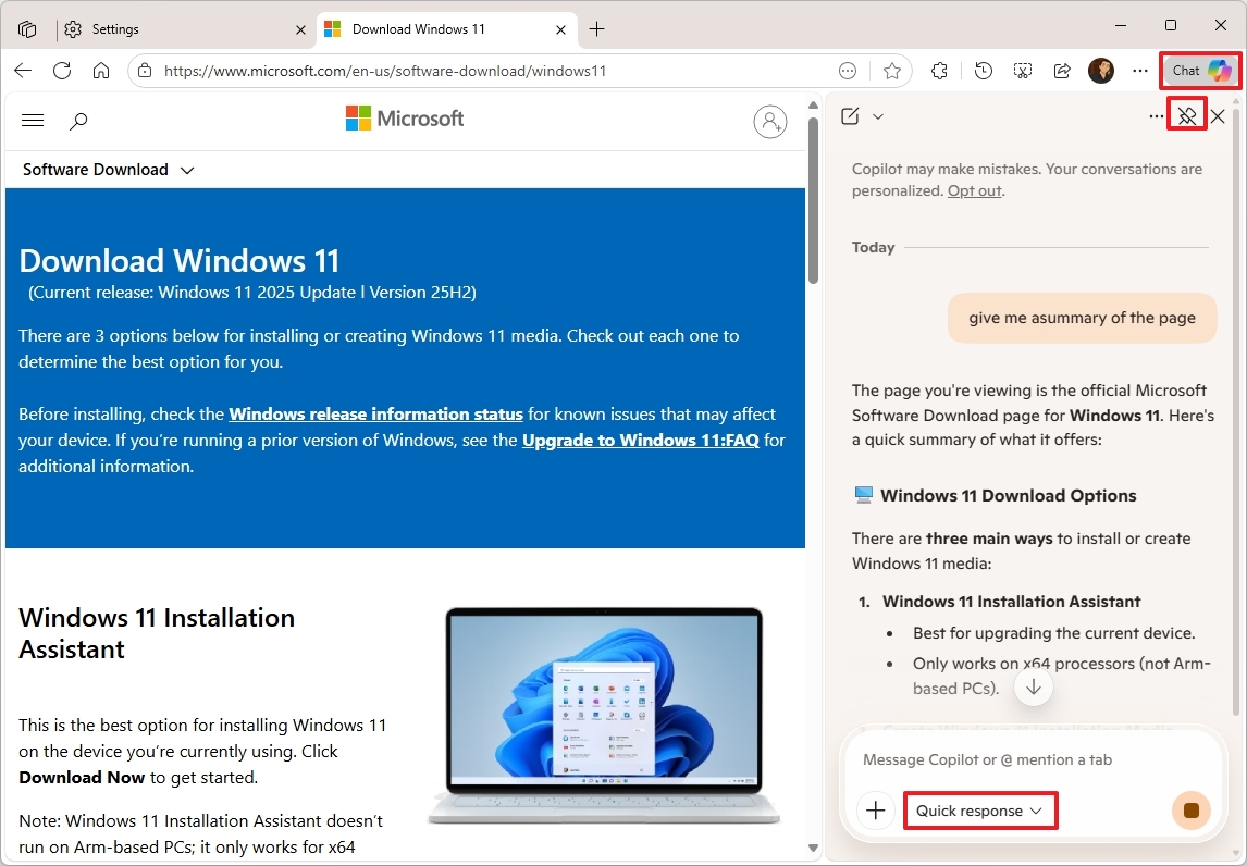 Microsoft Edge Copilot chat sidebar