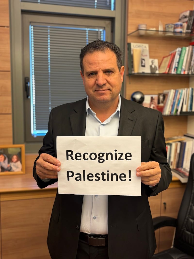 Ayman Odeh shared a picture of his sign after being thrown out of the Knesset during Trump’s speech.