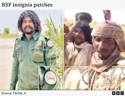 A BBC graphic highlighting the RSF logo on the arm of a fighter filmed amid a group of dead bodies.