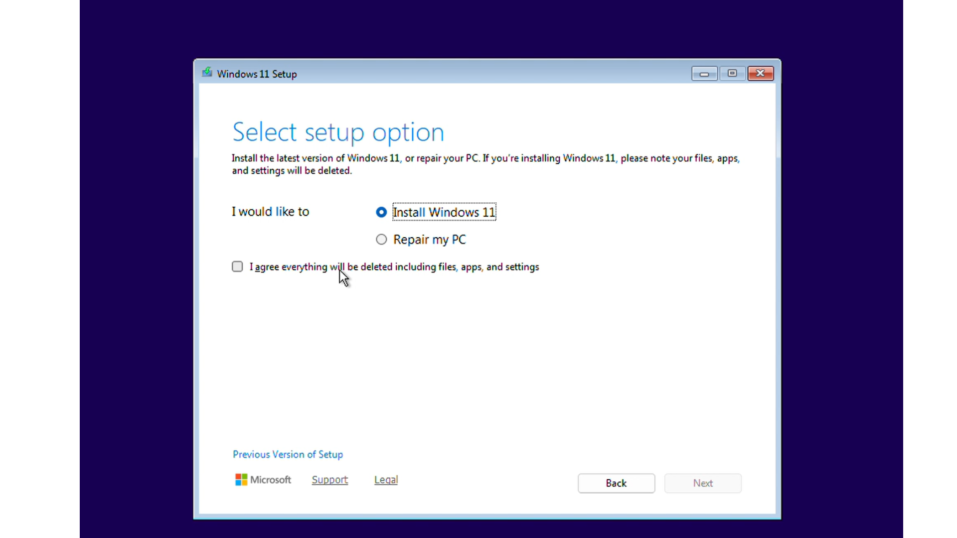 agree to all data being deleted in existing Windows 10 installation