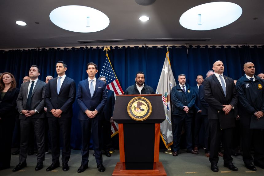 FBI director Kash Patel speaks at a press conference announcing the arrests in connection with a federal investigation into sports betting and illegal gambling.