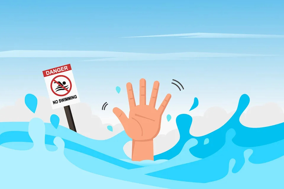 Illustration of a hand reaching out of the water for help, with a 'no swimming' sign in the background.