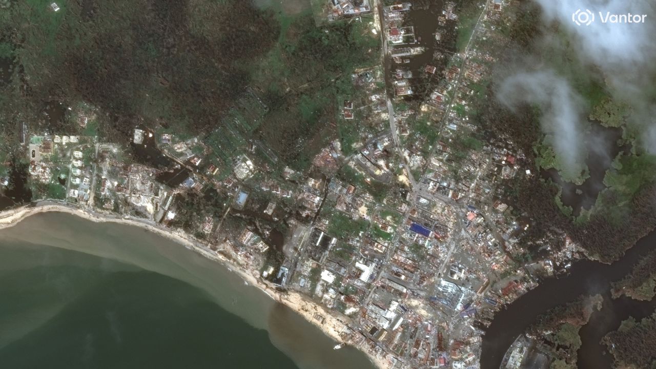 Satellite images of damage in Black River, Jamaica after Hurricane Melissa on October 29, 2025.