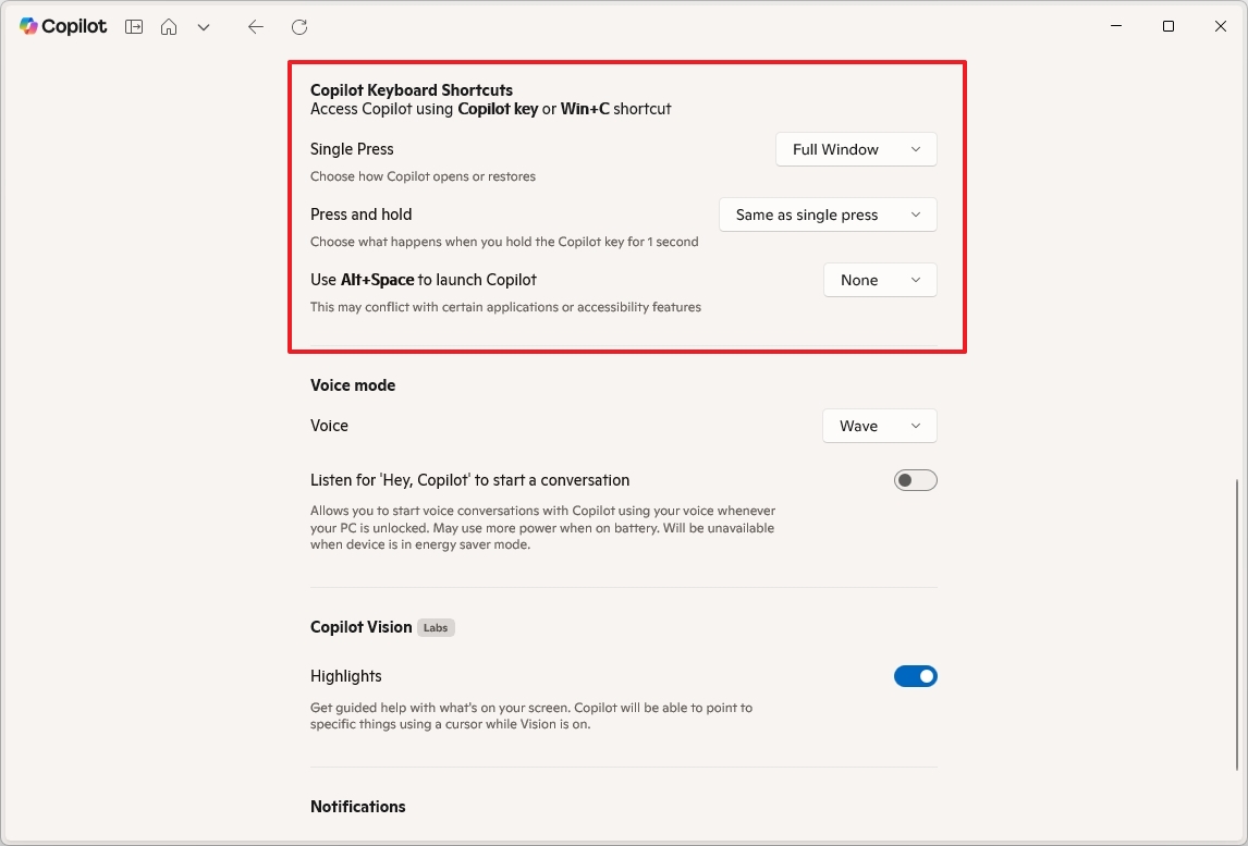Copilot shortcut settings