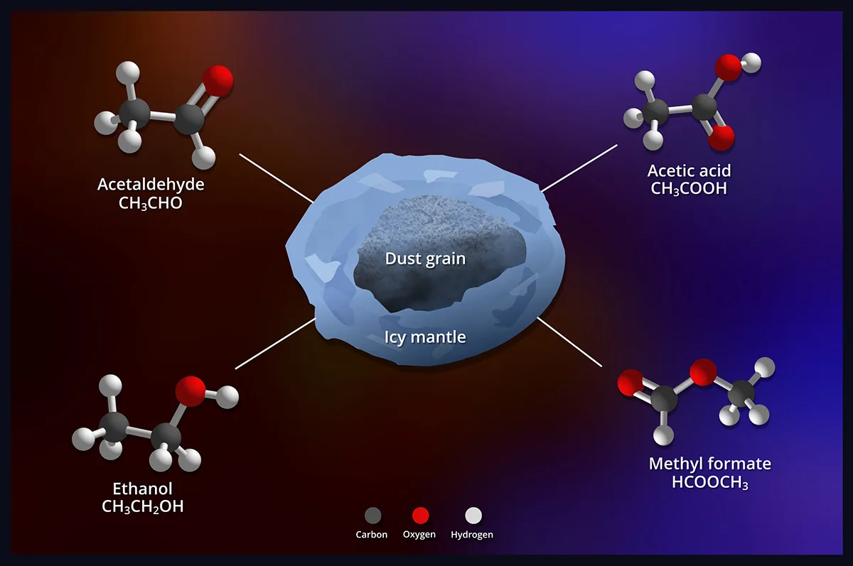 Diagram showing the complex organic molecules detected on icy dust grains around star ST6: acetaldehyde, acetic acid, ethanol and methyl formate. Credit: NASA's Goddard Space Flight Center