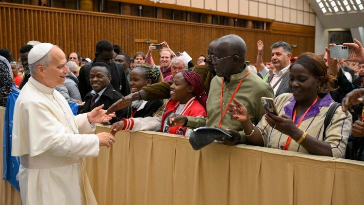 Pope Leo XIV meeting with participants at the Fifth World Meeting of Popular Movements