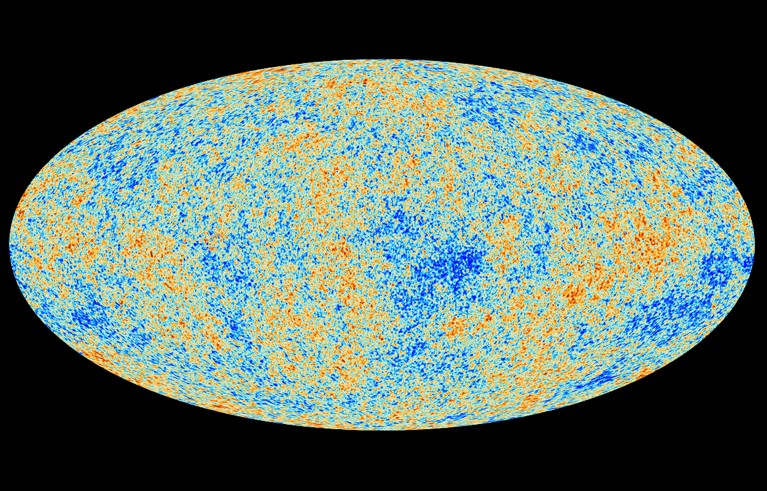 Map of the cosmic microwave background. An oval made up of patchy areas of blue, orange, yellow and green.