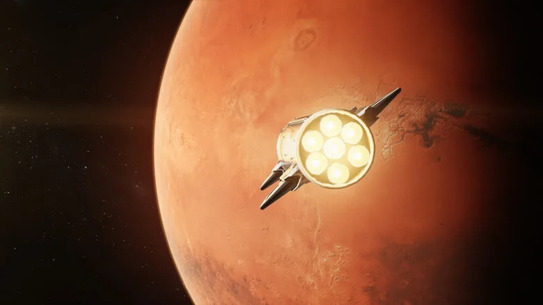 Concept of spaceship going to Mars