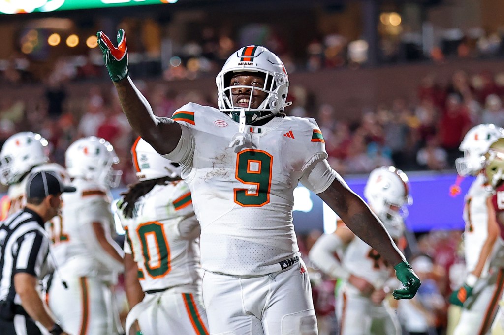 Elija Lofton #9 of the Miami Hurricanes reacts to the crowd during the third quarter.
