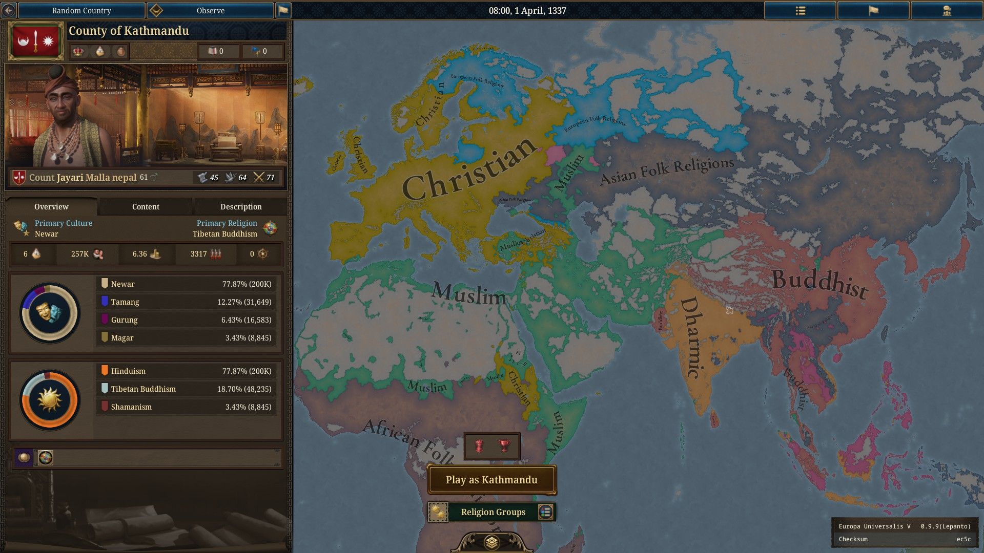 In Europa Universalis V, a map shows the dominant religions of Europe, Asia, and Africa.