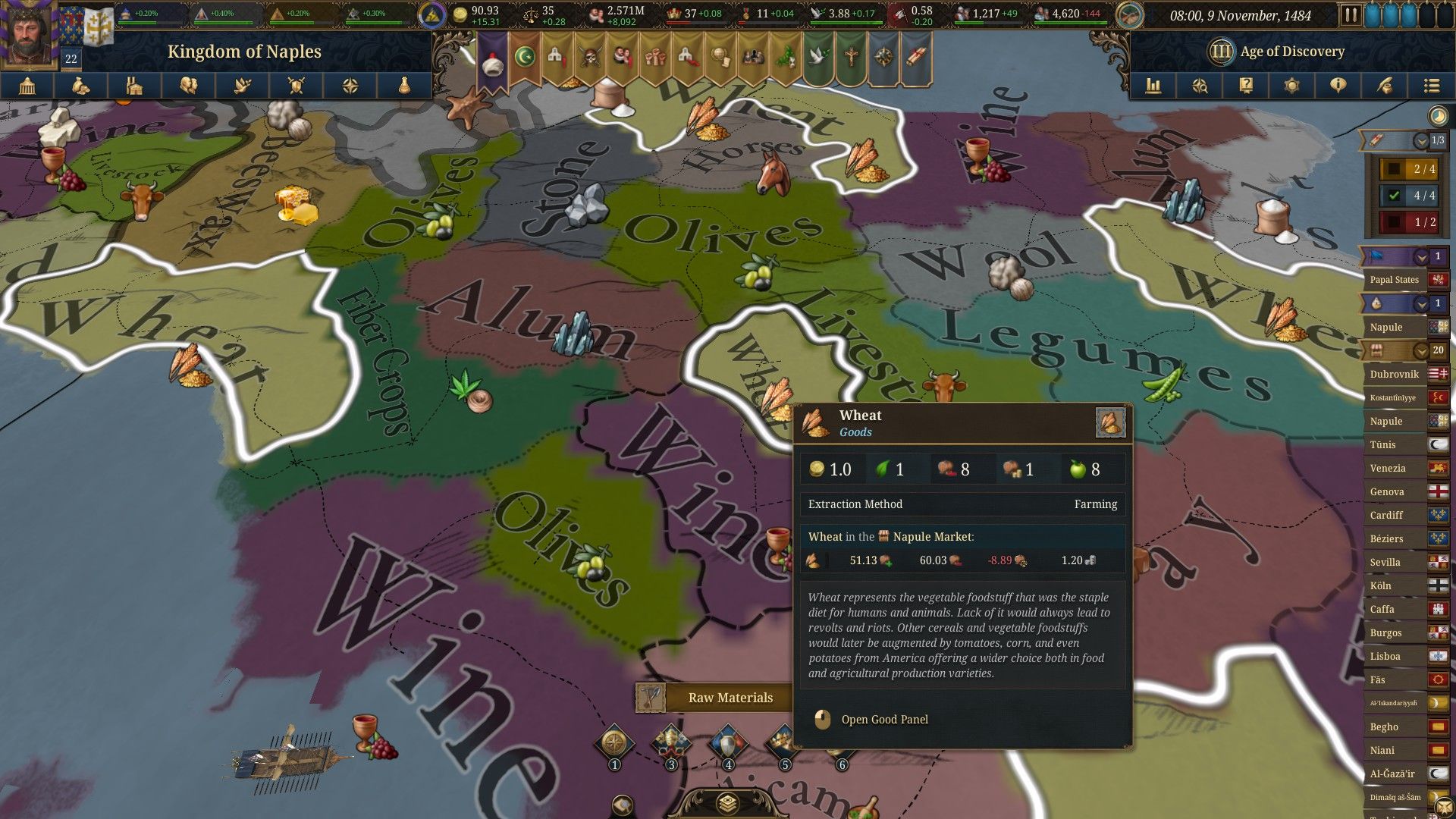 Zooming in on the Kingdom of Naples to see which crops are grown where in Europa Universalis V.