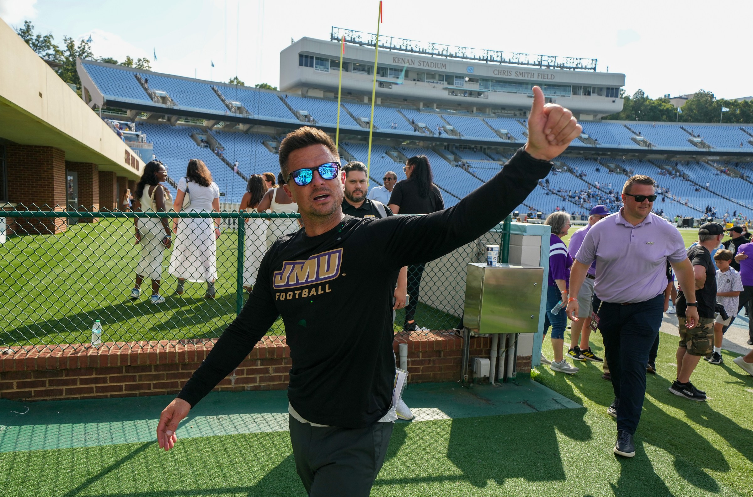 CHAPEL HILL, NORTH CAROLINA - SEPTEMBER 21: Head coach Bob Chesney of the James Madison Dukes reacts as he leaves the field after a win against the North Carolina Tar Heels at Kenan Memorial Stadium on September 21, 2024 in Chapel Hill, North Carolina. The Dukes won 70-50. (Photo by Grant Halverson/Getty Images)