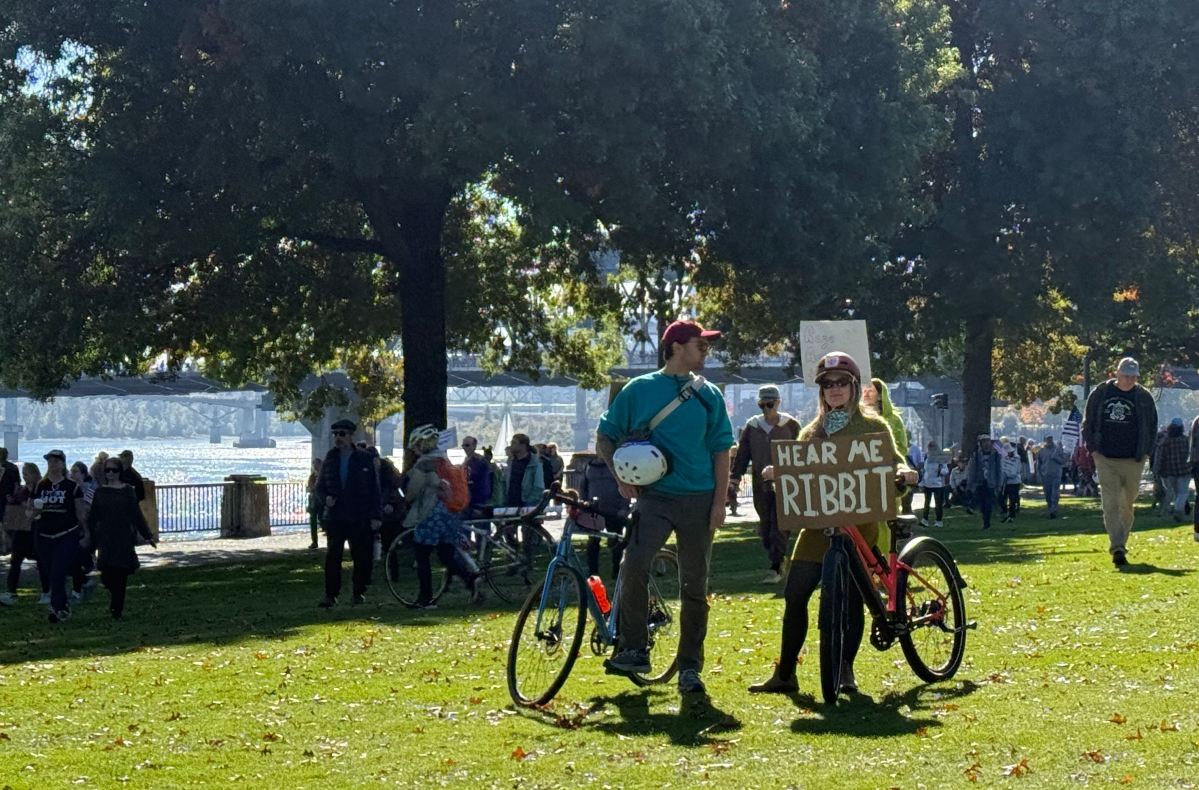 Protesters with bicycles at the No Kings protest by the Portland waterf