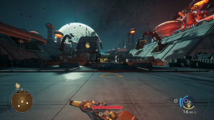 First-person view in a futuristic video game setting showing VALERIE location at 43m distance.