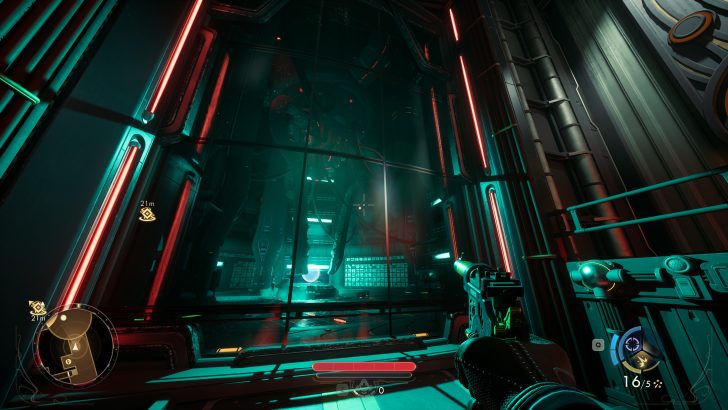 First-person shooter game screen displays futuristic sci-fi corridor with gun and UI elements visible.