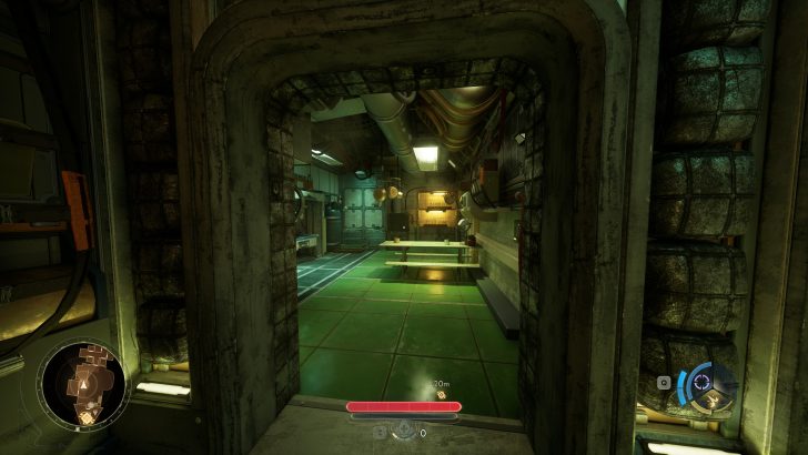 First-person view in a sci-fi video game hallway with on-screen text 20m.