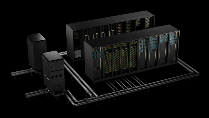 Unbranded server units with visible cables and connectors housed in black server racks connected by pipes.