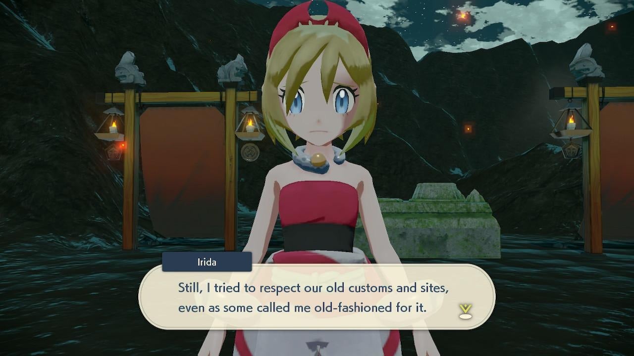 Pokémon Legends: Arceus screenshot showing Irida talking about her people's traditions
