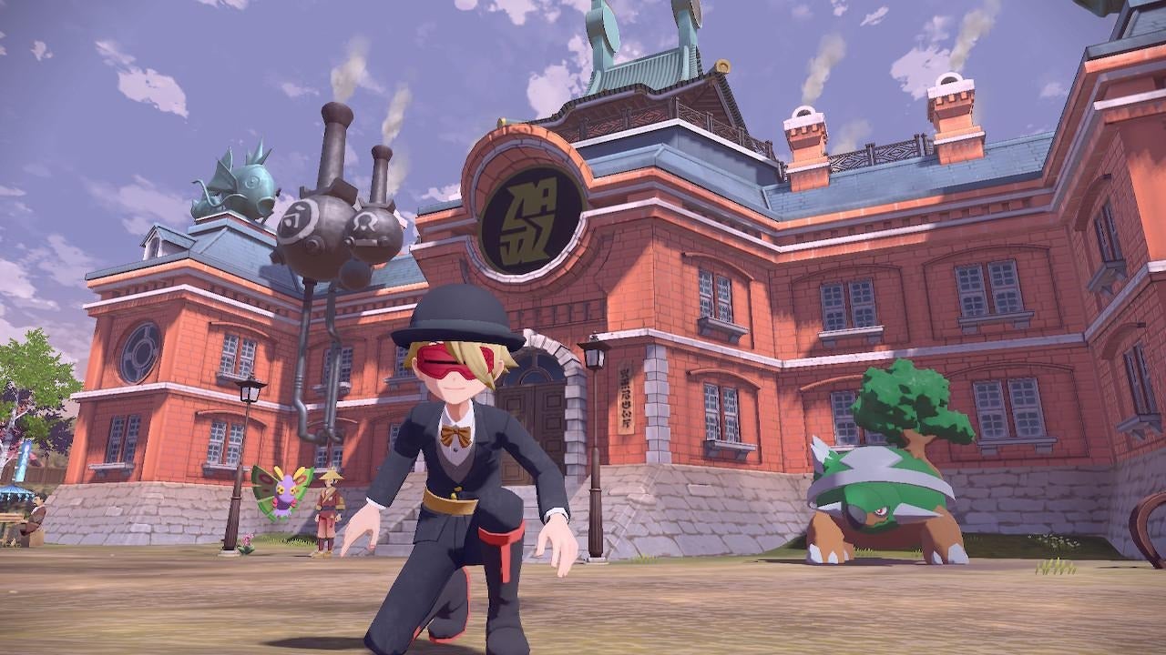 Pokémon Legends: Arceus screenshot showing the Galactic Expedition Team's main building, which looks very similar to the real-world Hokkaid&omacr; Government Office.