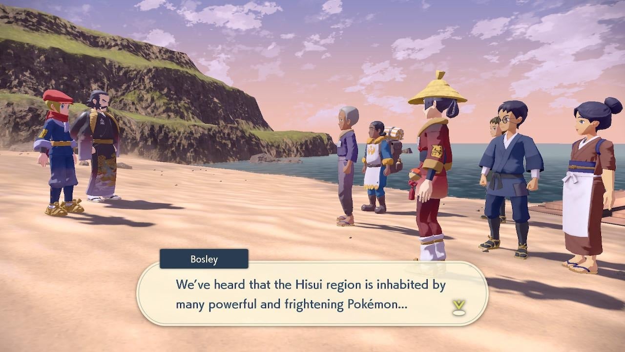 Pokémon Legends: Arceus screenshot showing the Galactic Expedition Team talking with local people on the beach