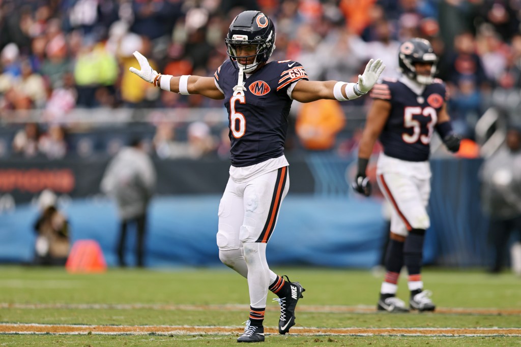 Kyler Gordon #6 of the Chicago Bears celebrates after a play against the New Orleans Saints during the second quarter of the game at Soldier Field on October 19, 2025 in Chicago, Illinois.