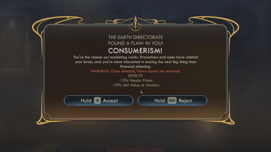 outer-worlds-2-consumerism-flaw The Outer Worlds 2 Premium Edition flaw: text on a screen lambasting the player for paying a lot of money for a game.