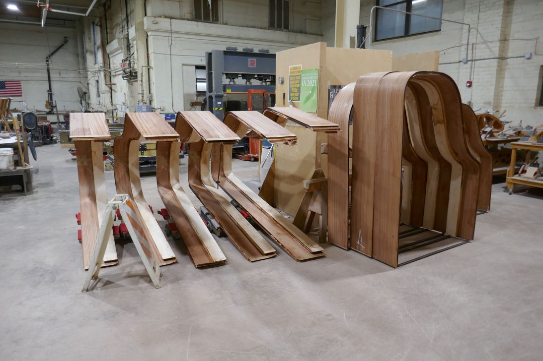 Piano frames are seen after being molded into the correct shape at the Steinway & Sons factory in Queens, New York, on September 4, 2025.