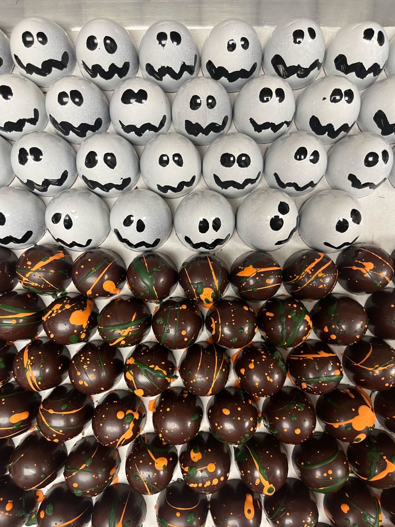 Pistachio ghosts and blood orange pistachio chocolate confections at Escazú Chocolates.